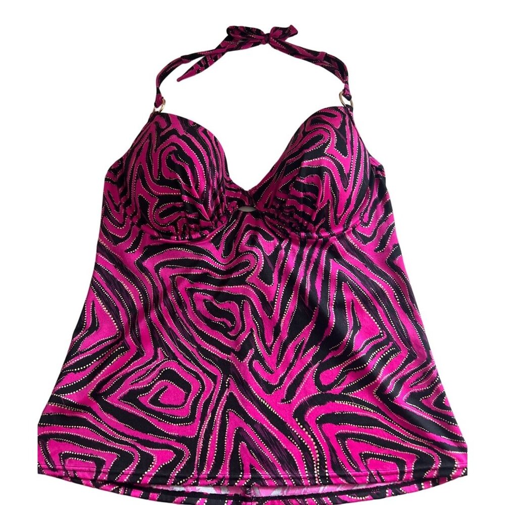 Ambrielle Halter Style, Black, Pink With Gold Glitter Tankini Swimsuit Top, 38C